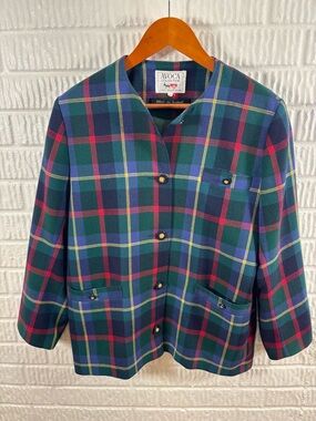 Avoca Collection Women's Irish Wool Blazer Navy Forest Red Plaid Vintage‎ Medium